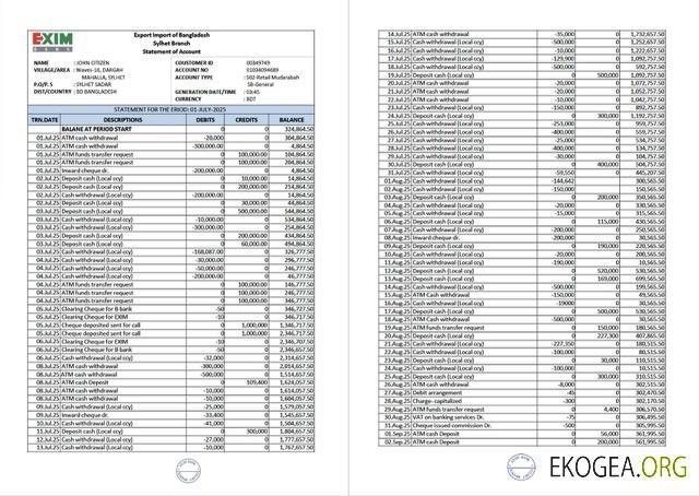 Bangladesh Exim Bank relevé de compte Modèle Word et PDF, 2 pages